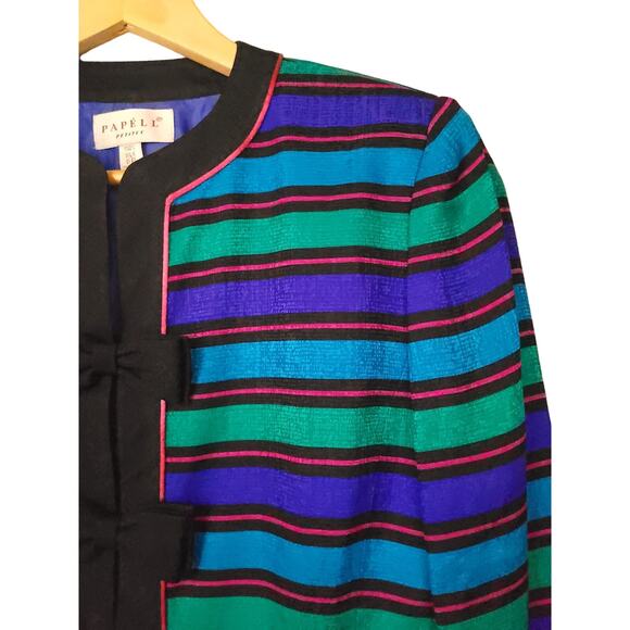 Vintage Papell Petites Womens Silk Snap Button Blazer 6P Striped Career Jacket - Picture 8 of 16